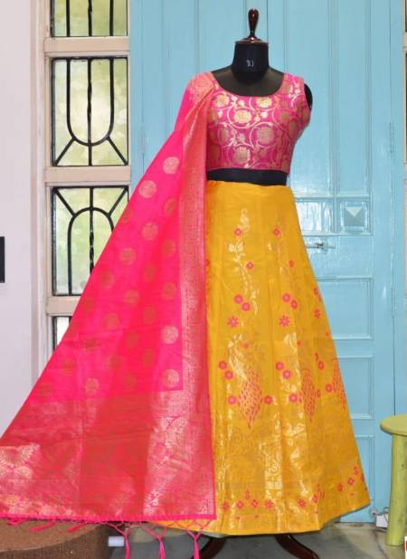 Pink And Yellow Colour HOTAM HIT Designer Fancy Festive Wear Heavy Silk Printed Lehenga Choli Collection 10015
